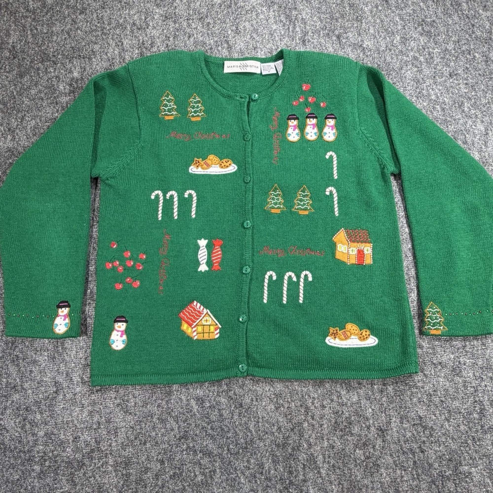 Vtg Marisa Christina Christmas Cardigan Green Snowmen Gingerbread M Shoulder Pad